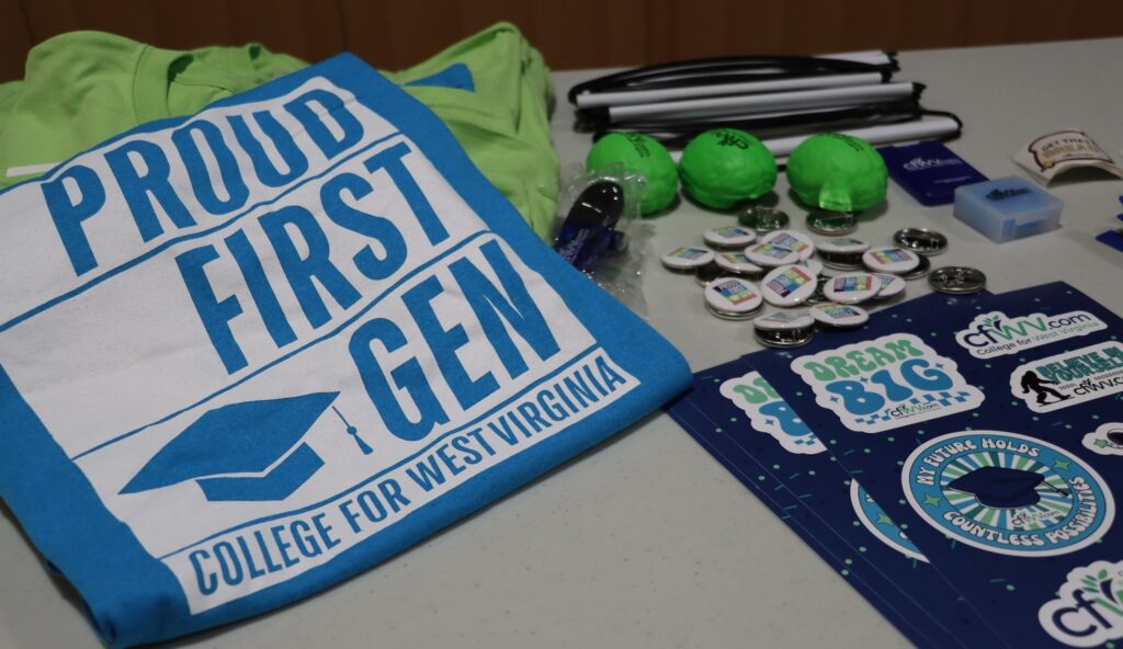 Items available during Pierpont Community & Technical College’s First-Gen Proud Celebration on Nov. 6 included T-shirts, buttons, stickers, and other resources promoting First-Generation College Celebration Week, coordinated by College for West Virginia.