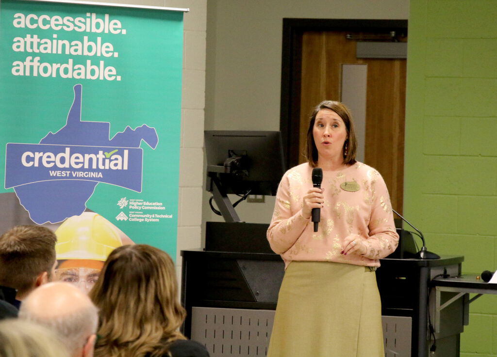 Dr. Joni Gray, Director of Career and Corporate Training at Pierpont Community & Technical College, speaks about the college’s accelerated training programs and stackable credential options during the Credential WV Connect event on Dec. 1 in Fairmont, W.Va.