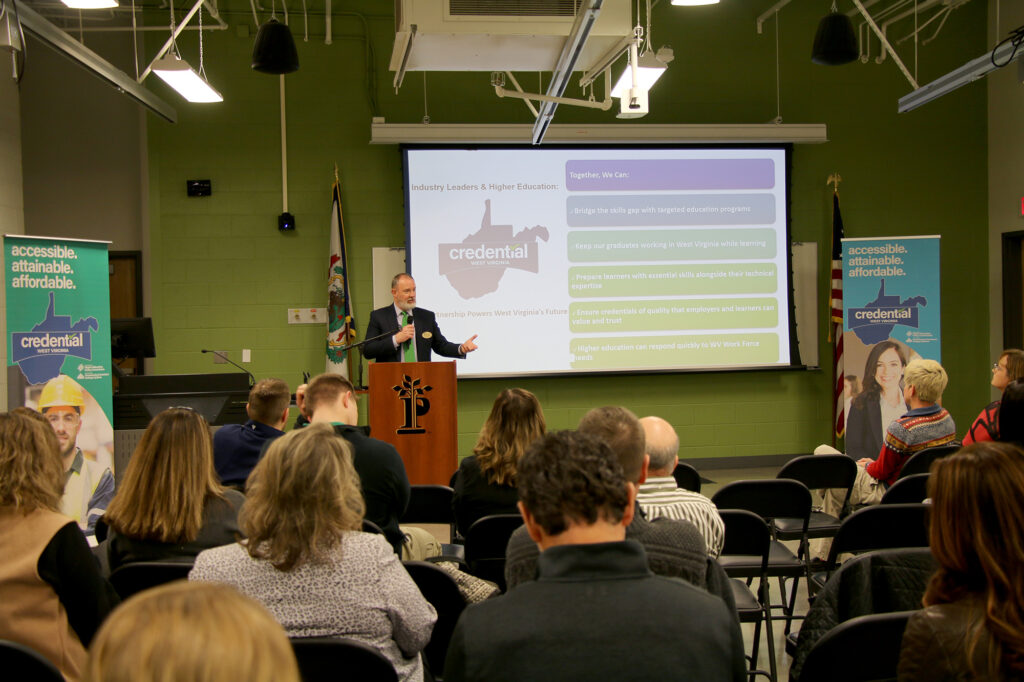 David Beighley, Interim Provost and Vice President of Academic Affairs at Pierpont Community & Technical College, speaks during the Credential WV Connect event on Dec. 1 at Pierpont’s Advanced Technology Center in Fairmont, W.Va. The event highlighted statewide collaboration to expand microcredential opportunities and strengthen workforce pathways.