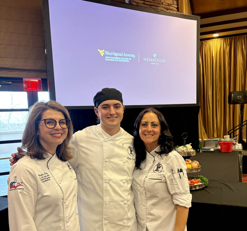 From left, Natalie Feltz, Associate Professor and Program Coordinator for Food Service Management; Matthias Freeman, Pierpont culinary student; and Sara Feltz, Assistant Professor of Culinary Arts, pose during the 3rd Annual WVU Culinary Competition at Nemacolin. S. Feltz attended as his coach for the competition.