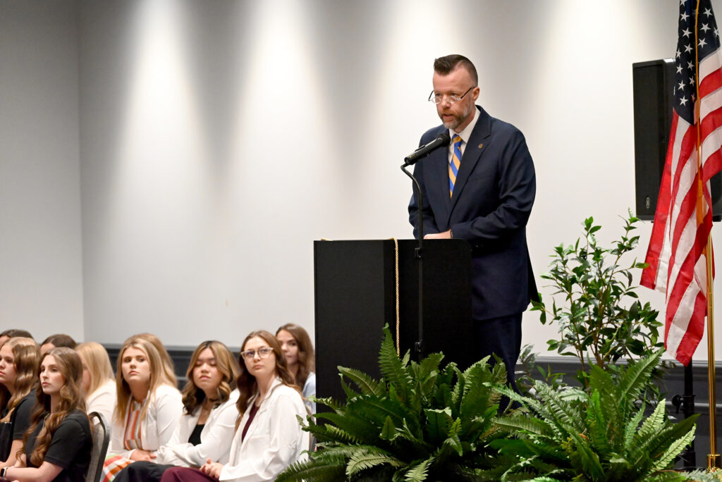 Dr. Michael Waide, Interim President of Pierpont Community & Technical College, delivers the keynote address during the 2026 Health Sciences Pinning Ceremony.