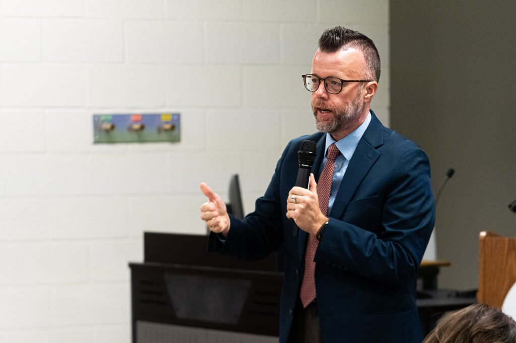 Pierpont Photo. Pierpont President Dr. Michael Waide addresses faculty and staff during Professional Development Week All Call Day, outlining the college's 2026-27 institutional focus, "Every Student Forward: Designing the Conditions for Persistence and Success."