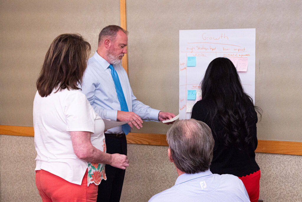 Pierpont faculty and staff review strategic opportunities identified during an ideation session at the Board of Governors Retreat. The collaborative exercise explored future workforce, academic and community partnership opportunities for the college.