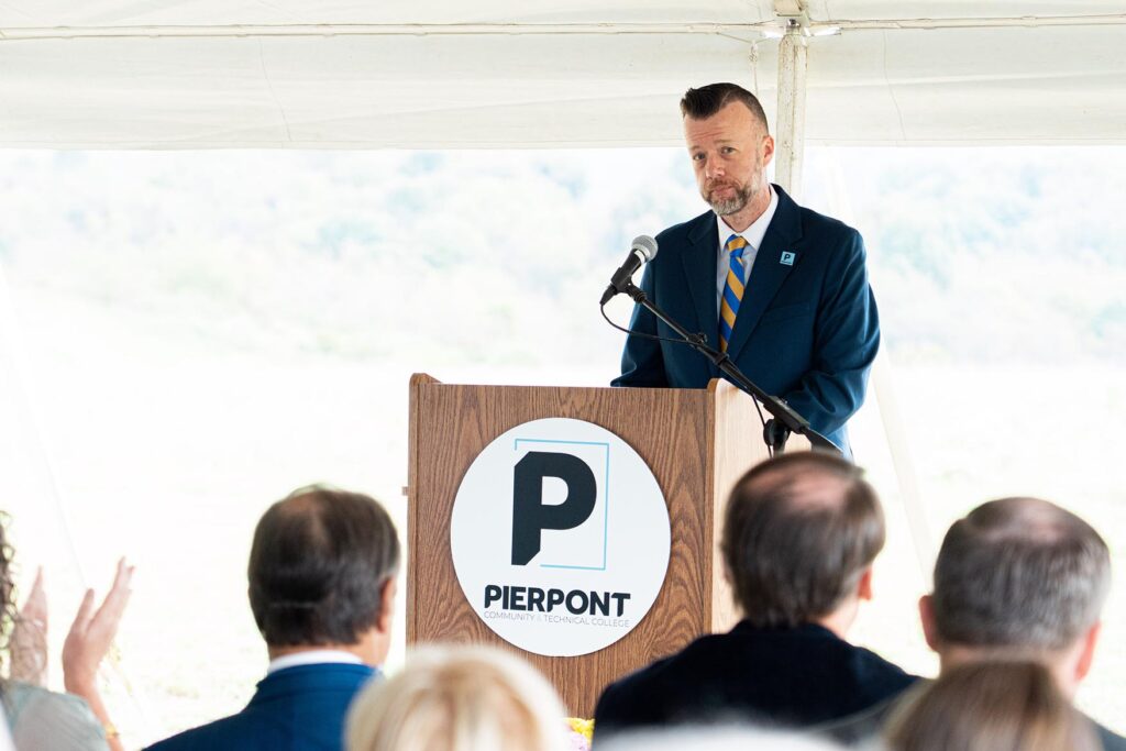 Dr. Michael Waide, president of Pierpont Community & Technical College, speaks during the groundbreaking ceremony for the college’s new Aviation Maintenance Technology Educational Facility on Sept. 30 at the West Virginia AeroTech Park in Bridgeport.