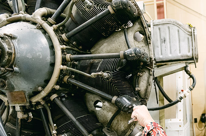 Close up of airplane engine under repair