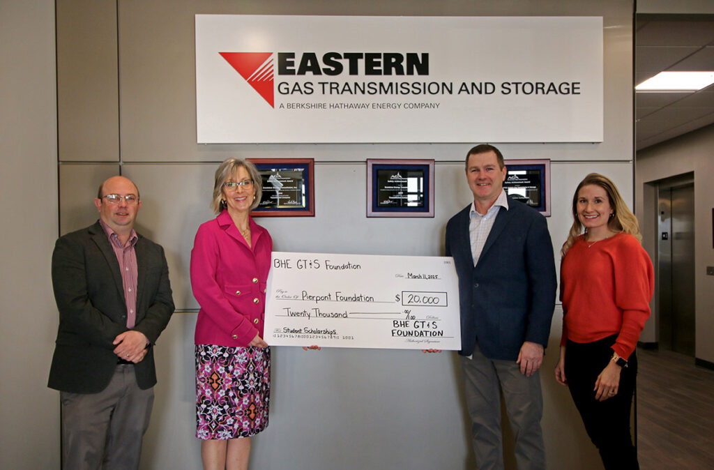 The BHE GT&S Foundation donates $20,000 to the Pierpont Foundation, which will support student scholarships at Pierpont Community & Technical College. Pictured, from left, Shawn A. Miller, PE, VP Engineering & Construction at BHE GT&S, Kathy Hypes, Pierpont Foundation Director, Jason Harshbarger, State Policy Director – West Virginia & Ohio at BHE GT&S, and Samantha Norris, Senior Communications Specialist at BHE GT&S.