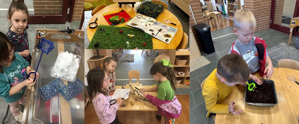 A collage of five images showing children participating in hands-on learning activities. Scenes include sensory play with cotton and tools, nature exploration with magnifying glasses and books, and collaborative investigation of soil and natural materials.