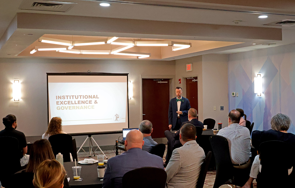 Interim President Dr. Michael Waide presents at the Harrison County Chamber Breakfast on Friday, September 5, 2025, about Pierpont’s Mission and Momentum.