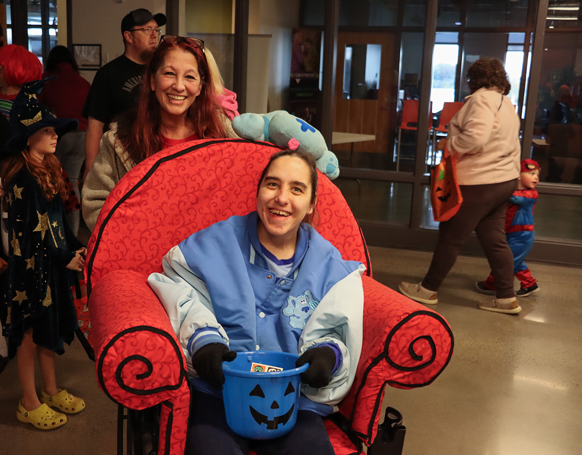 A trick-or-treater in a Blue’s Clues-themed costume attends Pierpont Community and Technical College’s Community Trick-or-Treat event. Families visited decorated tables for candy and activities as part of the annual celebration.