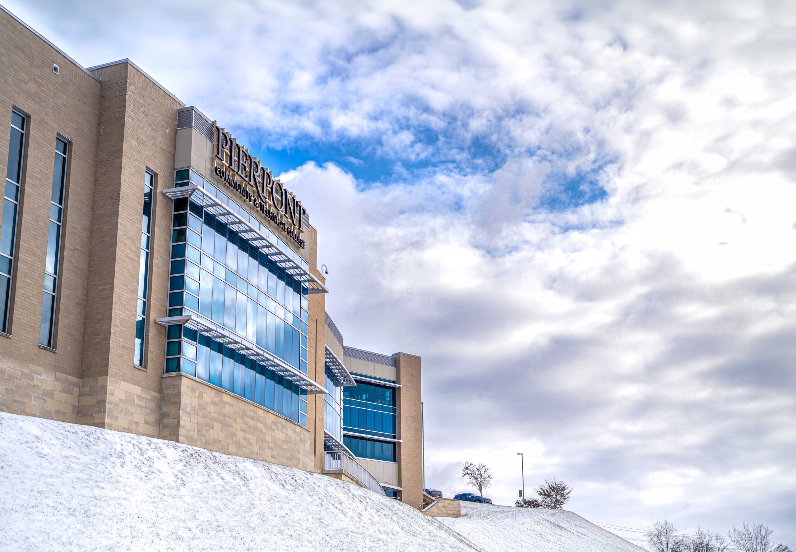 Pierpont Community & Technical College’s Advanced Technology Center in White Hall, W.Va., is pictured during winter conditions as the Spring 2026 semester gets underway.