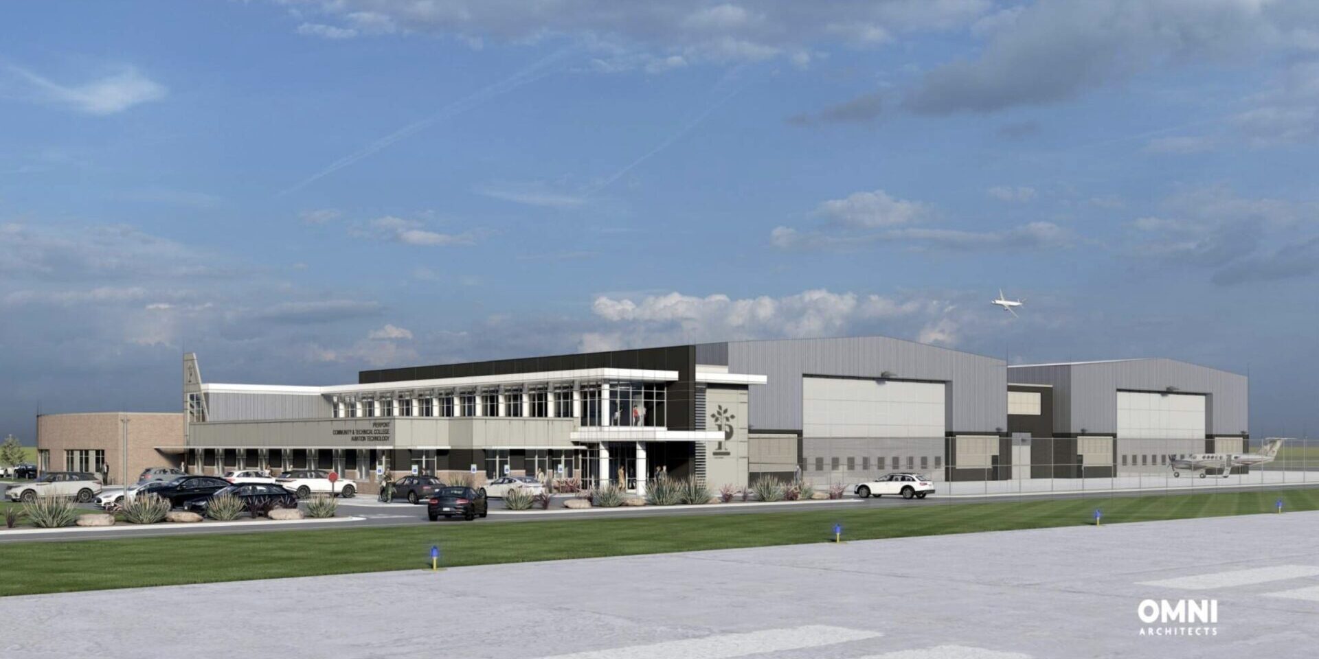 Architectural rendering of Pierpont Community & Technical College’s future Aviation Maintenance Training Center, showing a modern two‑story academic building connected to large hangar bays, with parked vehicles in front, aircraft positioned near the hangars, and an airplane in the sky above. The design is labeled by Omni Architects.