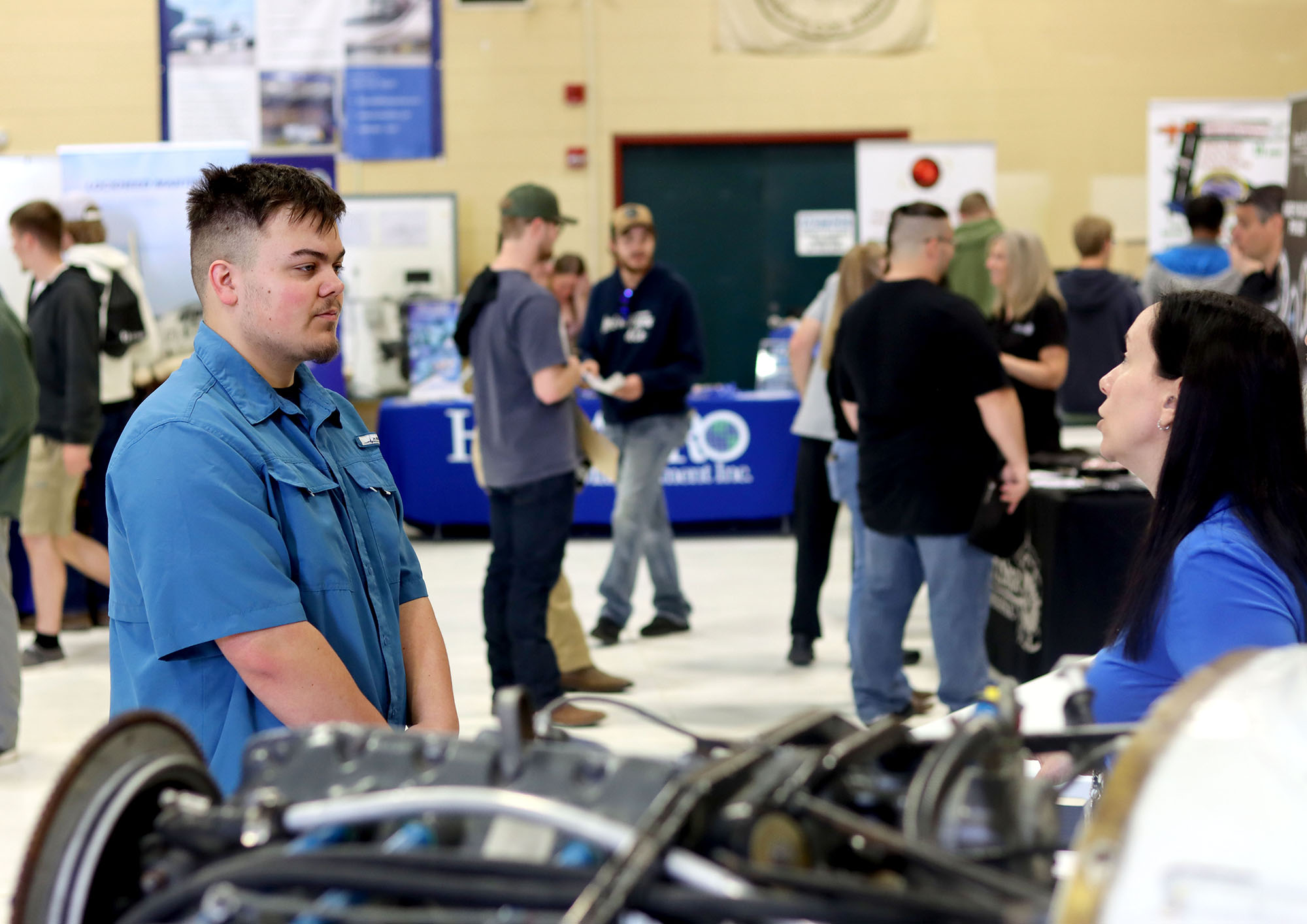 Students and employers meet during a career fair at Pierpont Community & Technical College’s RCB National Aerospace Education Center, where aviation and technical industry partners showcased job and internship opportunities.