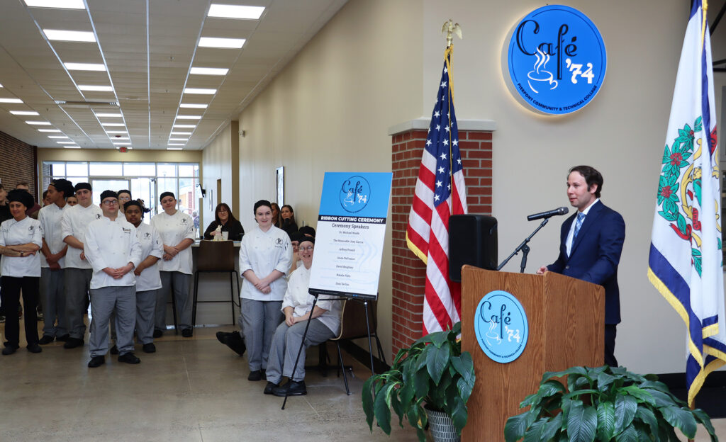 West Virginia Sen. Joey Garcia speaks during the Café ’74 ribbon cutting, praising Pierpont Community & Technical College’s culinary programs and highlighting the importance of affordable, hands‑on education that creates clear pathways into the workforce.