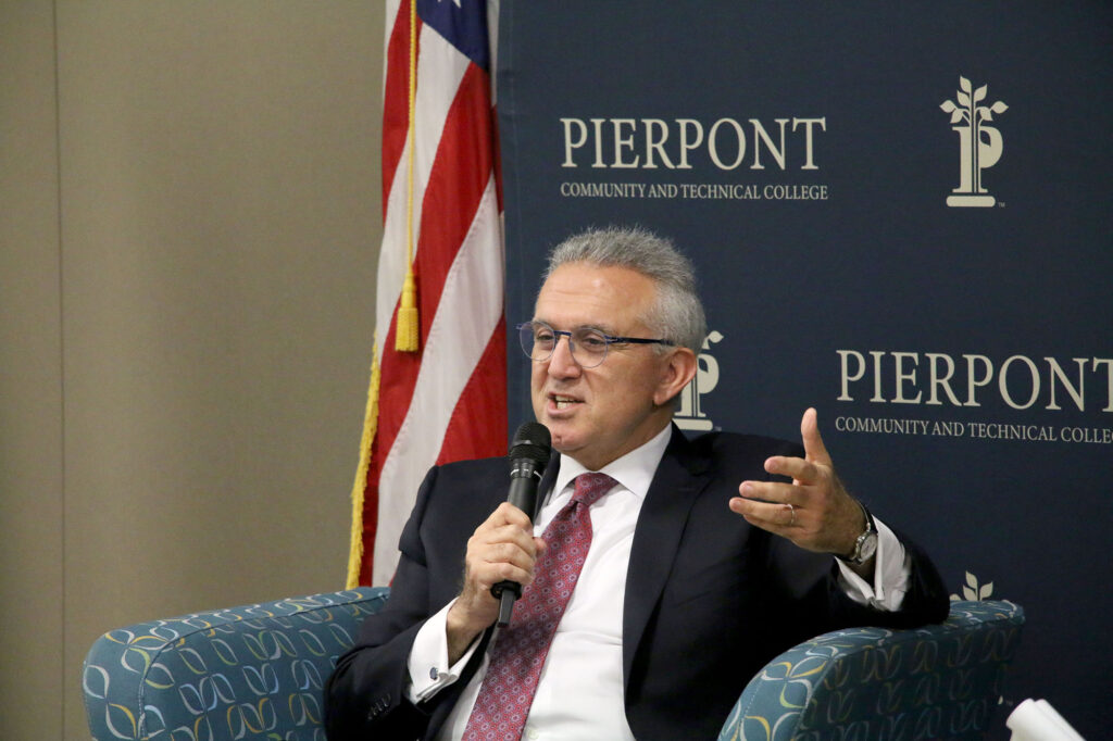 Pierpont Photo. Dr. Gaby Hawat speaks during his presidential finalist open forum at Pierpont’s Advanced Technology Center.