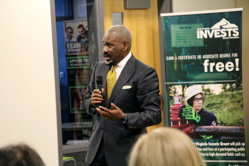 Dr. Carl Smalls speaks during his presidential finalist open forum at Pierpont’s Advanced Technology Center.