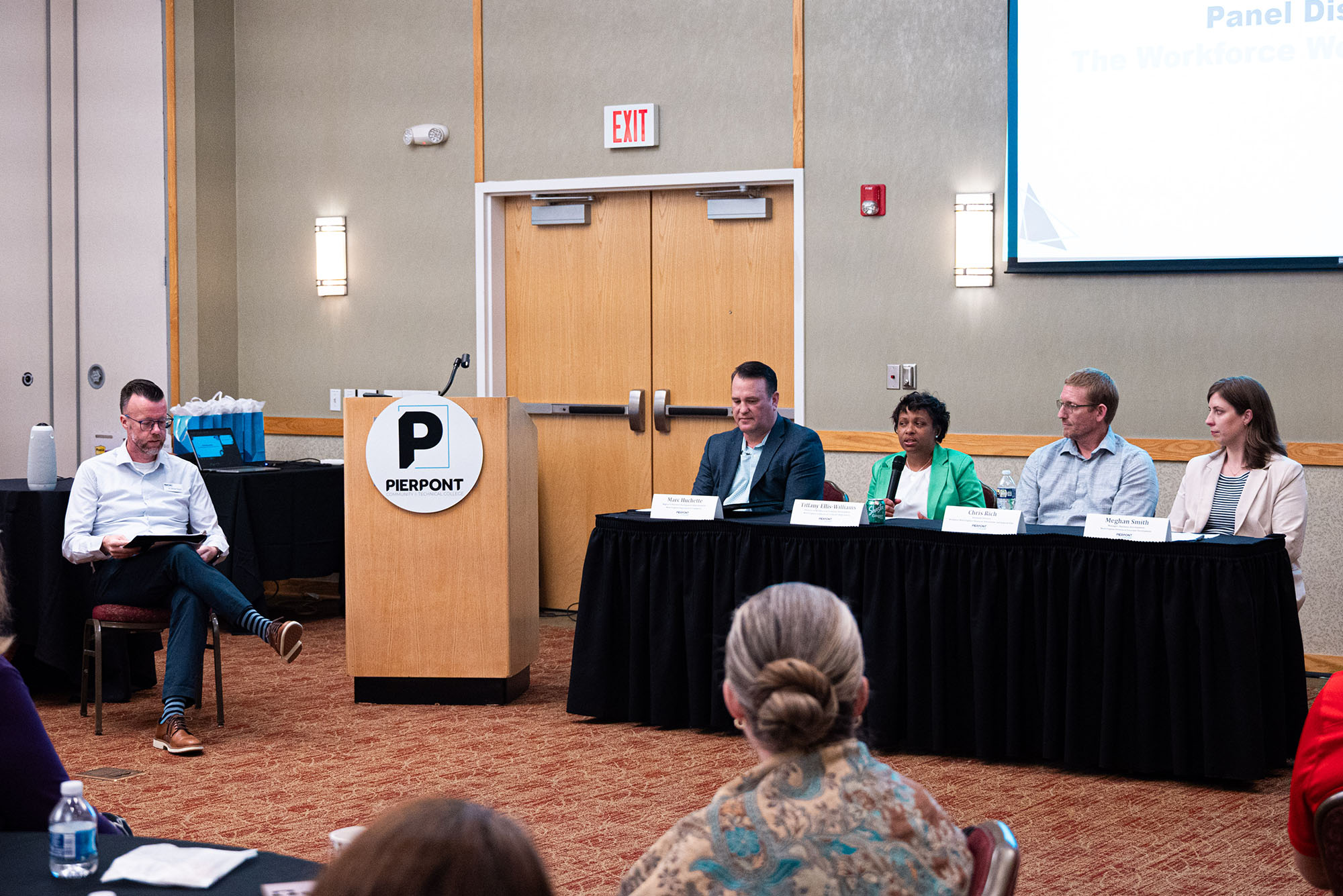 President Dr. Michael Waide moderates a workforce leadership panel during Pierpont Community & Technical College's Board of Governors Retreat at the Bridgeport Conference Center. Panelists shared insights on workforce trends, economic development and emerging industry needs across West Virginia.