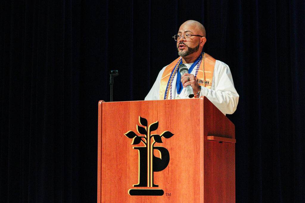 Student speaker Elliott Allende addresses classmates and guests during Pierpont Community & Technical College's Licensed Practical Nursing Pinning Ceremony on Aug. 8. In remarks titled "The Journey Together," Allende reflected on the shared experiences, perseverance and support that defined the Class of 2026.
